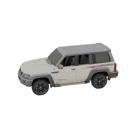 A 3D model render of a white Nissan Patrol Y61 4800 VTC SUV, viewed from a three-quarter front angle.