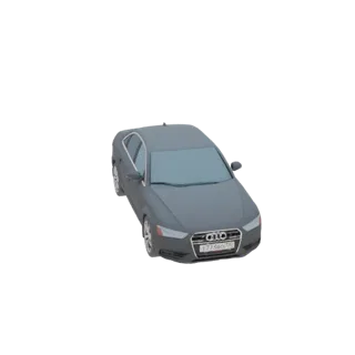 Ein 3D-Modell-Rendering einer grauen Audi A4 Limousine, von vorne im Dreiviertelblick auf weißem Hintergrund.