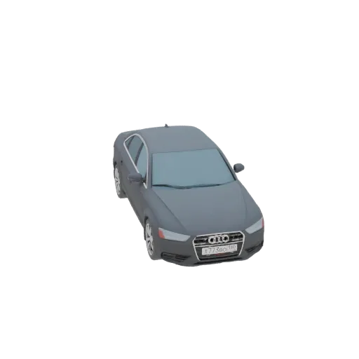 Ein 3D-Modell-Rendering einer grauen Audi A4 Limousine, von vorne im Dreiviertelblick auf weißem Hintergrund.