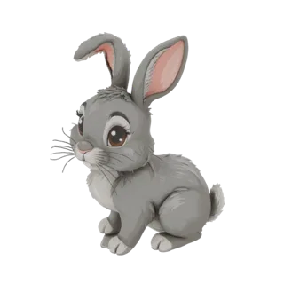 Uma renderização 3D de um coelho cinza adorável, estilo desenho animado, sentado com grandes olhos castanhos e orelhas intern