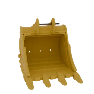 Uma caçamba de escavadeira amarela e pesada com dentes afiados, apresentada como um modelo 3D contra um fundo preto.