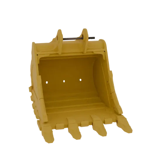 A yellow, heavy-duty excavator bucket with sharp teeth, presented as a 3D model against a black background.