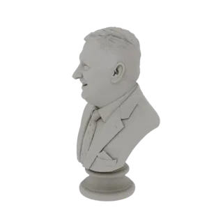 3D model render of a gentleman's bust in profile, wearing a suit and tie, with a friendly smile.