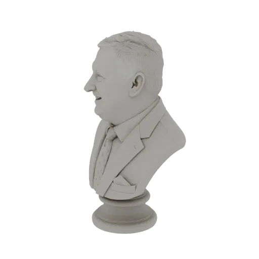 3D model render of a gentleman's bust in profile, wearing a suit and tie, with a friendly smile.