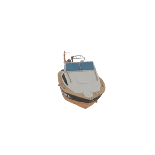 3D model of a classic motorboat with a tan hull, white deck, and blue windows, set against a white background.