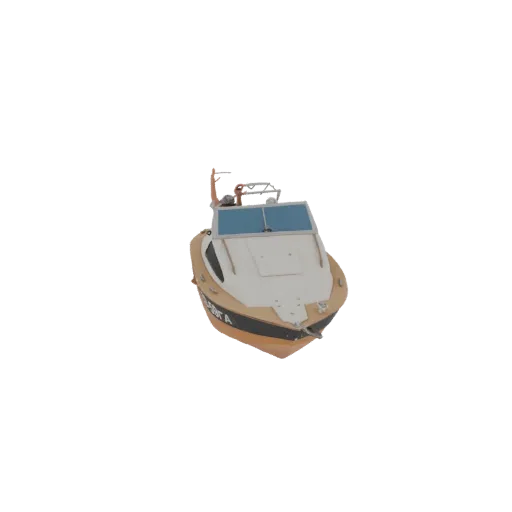3D model of a classic motorboat with a tan hull, white deck, and blue windows, set against a white background.