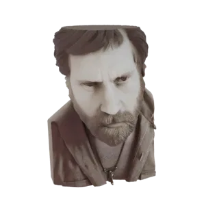 3D model render of a bust of a man with a beard, wearing a suit and a pendant.