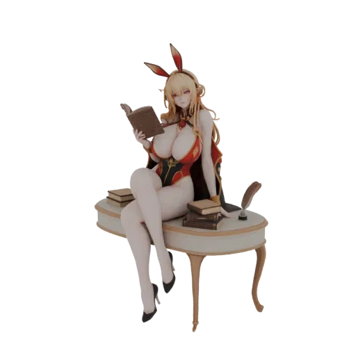 3D model of a blonde bunny girl with red and black attire, sitting at a desk and reading an old book, with bunny ears and headphones.