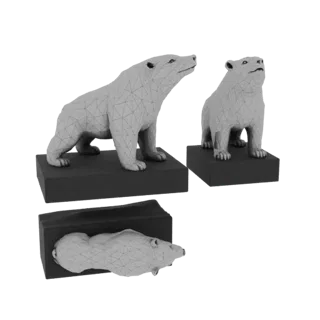 Uma renderização 3D de um filhote de urso polar em estilo wireframe, em pé sobre um pedestal escuro contra um fundo branco.