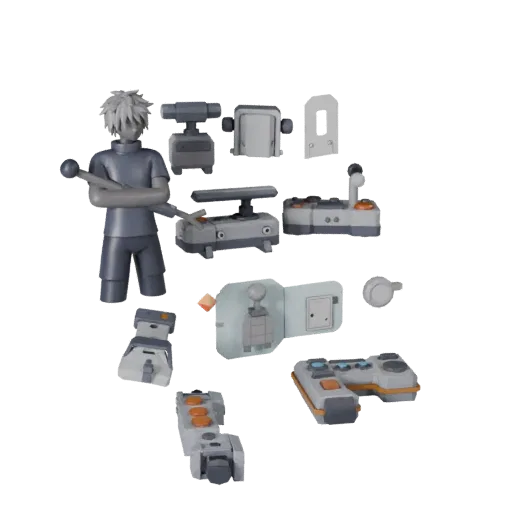 Sci Fi Control Lever Low Poly 3D model, game viewport three-quarter view, showing metal hinges, form detail.