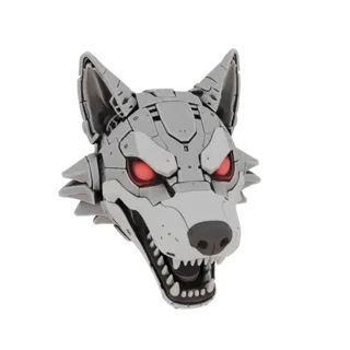 Modelo 3D de cabeça de lobo cibernético com olhos vermelhos brilhantes e placas mecânicas detalhadas, visto de frente.