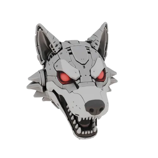 Modelo 3D de cabeça de lobo cibernético com olhos vermelhos brilhantes e placas mecânicas detalhadas, visto de frente.