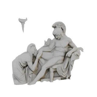 3D model of a classical sculpture depicting Achilles holding Briseis's hand, with a helmeted Achilles looking down and Brisei