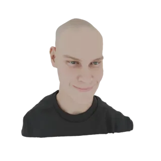 Render de modelo 3D de un hombre calvo con una sonrisa sutil, vistiendo una camiseta negra, sobre un fondo blanco.