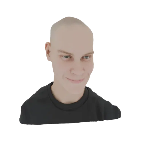 3D-Modell-Rendering eines kahlen Mannes mit einem dezenten Schmunzeln, der ein schwarzes T-Shirt trägt, vor weißem Hintergrun