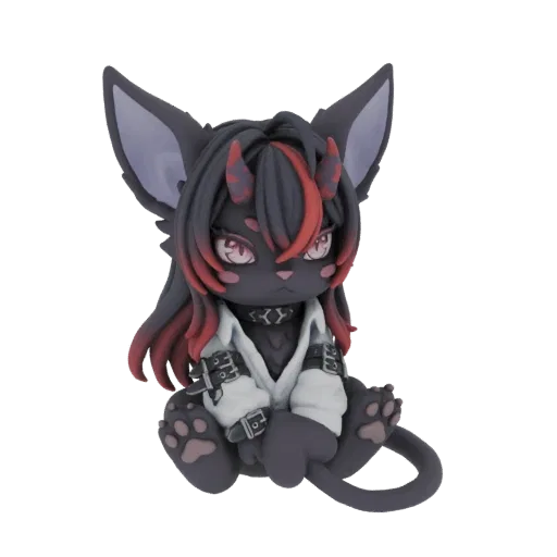 Un rendering 3D di una figurina demone gatto gotico con pelliccia scura, capelli con punte rosse, corna e una giacca bianca,