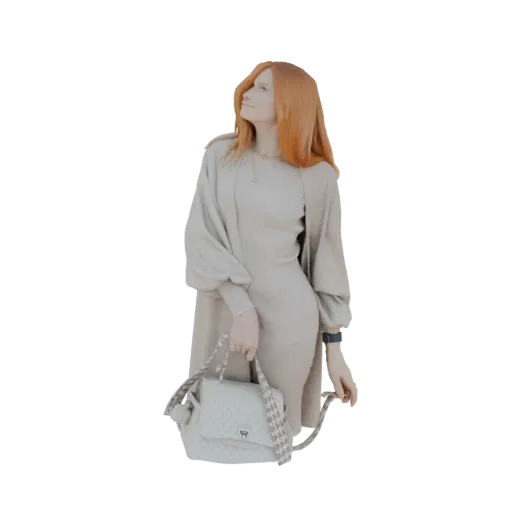 3D model of a red-haired woman in a beige dress, looking up and holding a handbag.