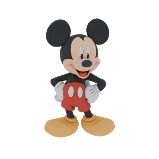 3D-Modell der klassischen Mickey Maus Figur, stehend mit Händen in den Hüften, rote Hose und weiße Handschuhe tragend.