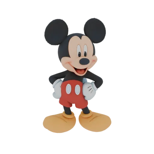 3D-Modell der klassischen Mickey Maus Figur, stehend mit Händen in den Hüften, rote Hose und weiße Handschuhe tragend.