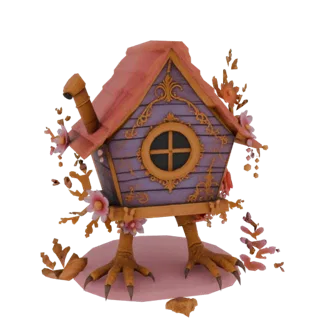 Ein 3D-Rendering eines skurrilen Vogelhauses mit lila Wänden, rosa Dach und Hühnerbeinen, verziert mit goldener Filigranarbei
