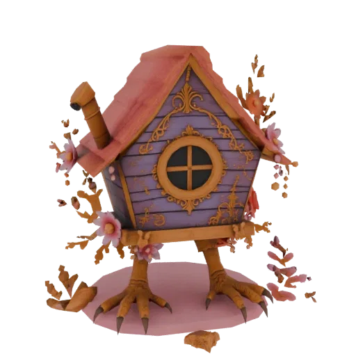 A 3D render of a whimsical birdhouse with purple walls, a pink roof, and chicken legs, decorated with gold filigree and pink