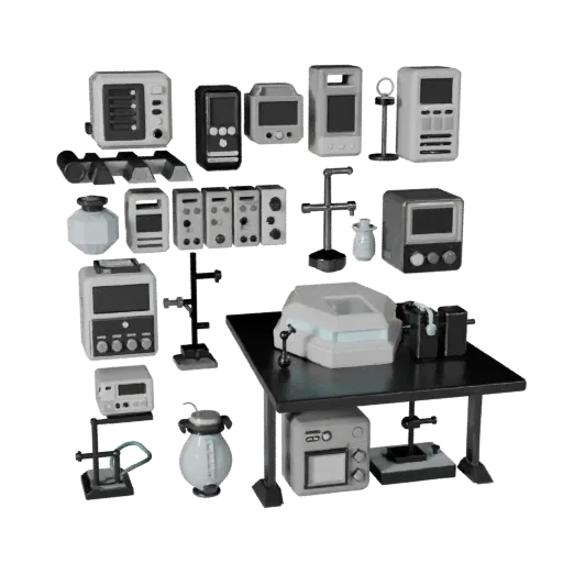 Prototype Reactor Core Low Poly 3D model, game viewport three-quarter view, showing clean metal, bench-top devices.