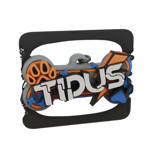 Modelo 3D de uma etiqueta de osso para cachorro com o nome 'Tidus' em estilo grafite, com pegadas e uma moldura preta.