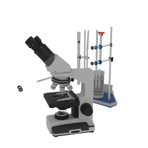 Chemistry Microscope Realistic 3D model, three-quarter studio render, showing glass, recognizable lab forms.