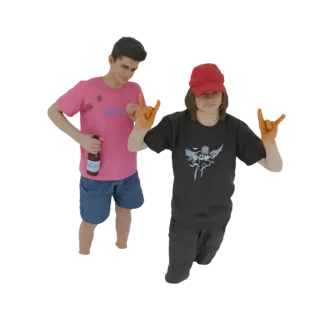 Modelo 3D de dos jóvenes con ropa casual, uno sosteniendo una botella, ambos haciendo gestos de rock on.