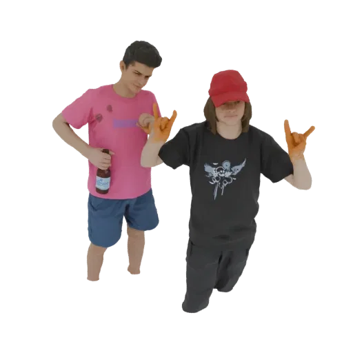 3D model of two young men in casual clothes, one holding a bottle, both making rock on hand gestures.