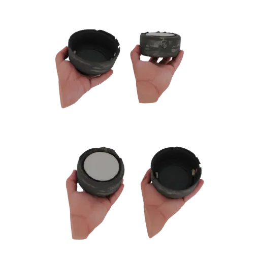 A 3D model render of a dark metal bottle cap with a white seal, shown from multiple angles.