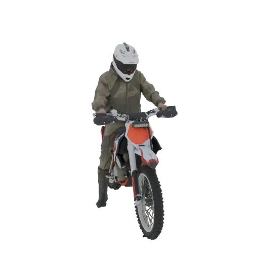 3D model of a dirt bike rider wearing a white helmet and green protective suit, seated on a white and orange dirt bike.