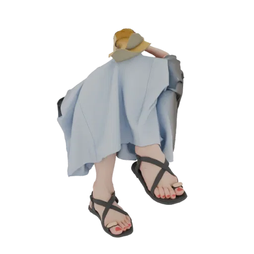 Modello 3D di una donna seduta elegantemente in un abito blu fluido e cappello di paglia, con i piedi in sandali visibili.