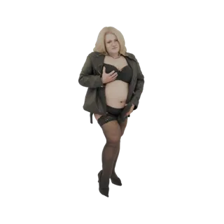 3D-Modell einer Frau in Lederjacke, schwarzem BH und Strümpfen, die einen Dildo hält.