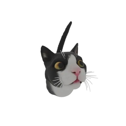 3D model of a stylized tuxedo cat's head with black and white fur, large yellow eyes, and white whiskers, set against a black
