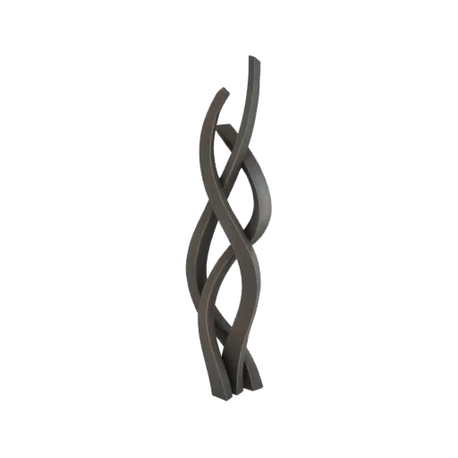 3D model of an abstract sculpture with two intertwined, flowing forms in a metallic bronze finish, set against a white backgr