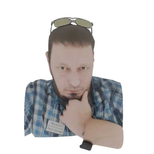 3D model render of a man with glasses on his head, wearing a plaid shirt and resting his chin on his hand.