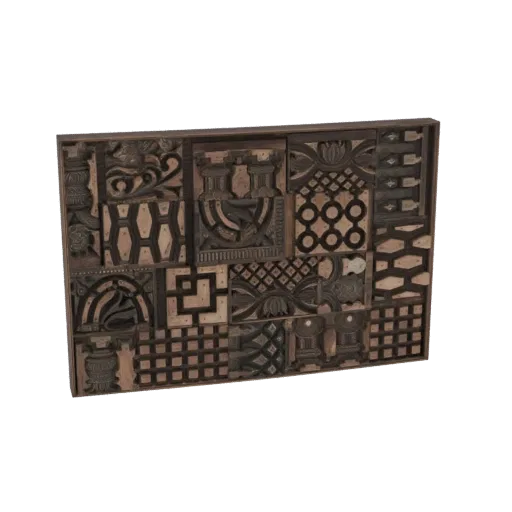 3D model of a rectangular carved wood panel featuring a complex arrangement of geometric and floral patterns.