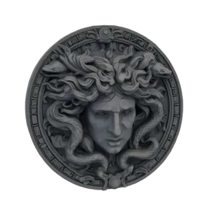 Rendu d'un modèle 3D de relief de tête de Méduse avec des serpents pour cheveux, présenté dans un cadre circulaire.