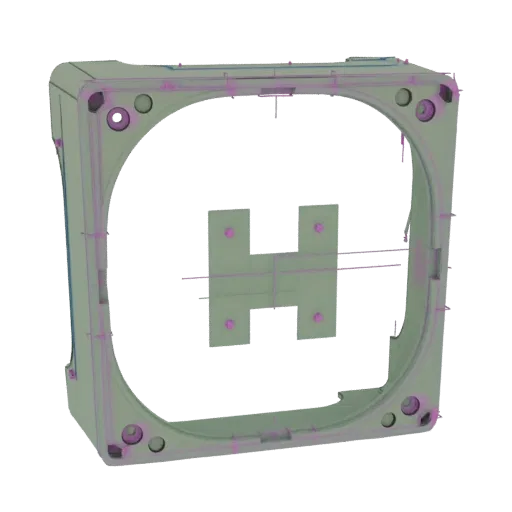 3D-Modell eines Hubschrauberlandeplattform-Rahmens mit einem weißen 'H'-Symbol auf hellgrünem Untergrund, isoliert auf weißem Hintergrund.