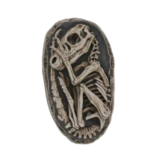 3D model of a dinosaur embryo skeleton curled inside a fossilized egg, showcasing intricate bone detail.