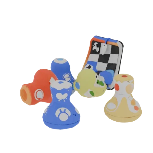 A 3D render of several cute, clay-style Mario Kart characters arranged with a checkered flag, against a black background.