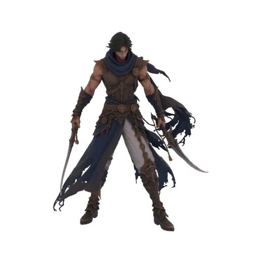 3D model of a Persian warrior with dark hair, blue sash, ornate armor, and two scimitars, posed dynamically.