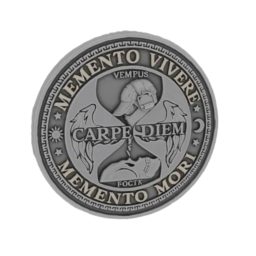 3D model of a coin with 'Memento Mori' and 'Carpe Diem' inscribed, featuring a skull, wings, sun, and moon.