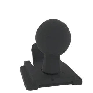 Una representación 3D de un soporte de rótula negro mate con cabeza esférica sobre una base rectangular, presentado sobre un