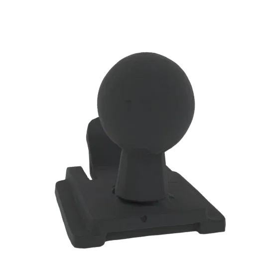 A 3D render of a matte black ball joint mount with a spherical head on a rectangular base, presented against a white backgrou