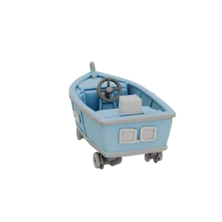 Modelo 3D de barco catamarã infantil com rodas, cor azul, estilo desenho animado