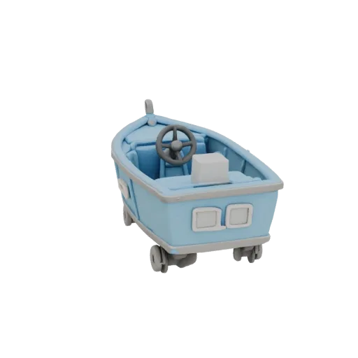 3D model of a blue children's cartoon-style catamaran boat on wheels