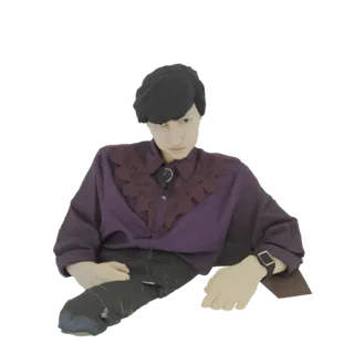 Modelo 3D de maniquí sentado, vistiendo camisa morada volantes y pantalones negros, con reloj en la muñeca.