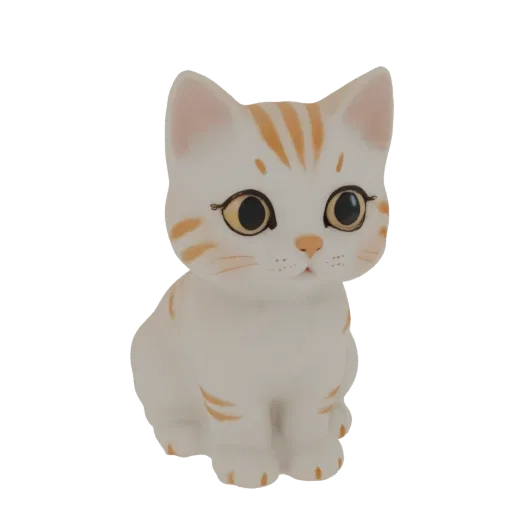 A 3D render of a cute, white kitten with orange tabby stripes sitting and looking forward with large, expressive eyes.